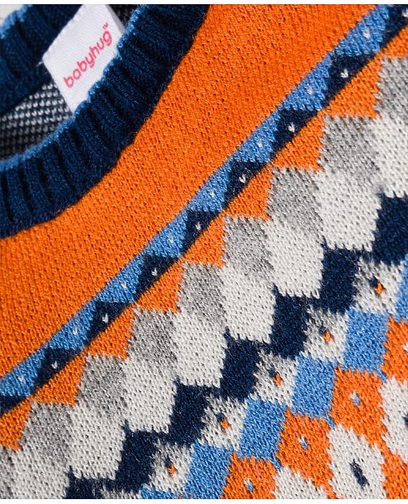 Babyhug Knit Full Sleeves Sweater Set With Aztec Design - Orange & Navy  Blue