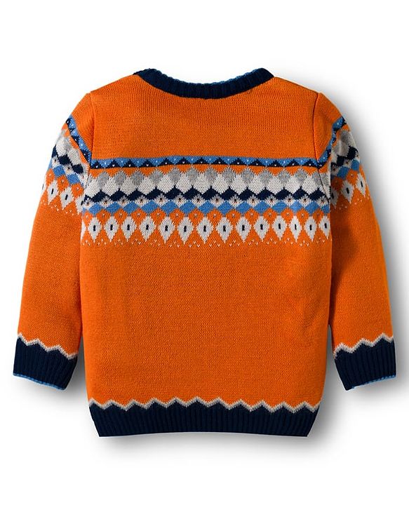 Babyhug Knit Full Sleeves Sweater Set With Aztec Design - Orange & Navy  Blue