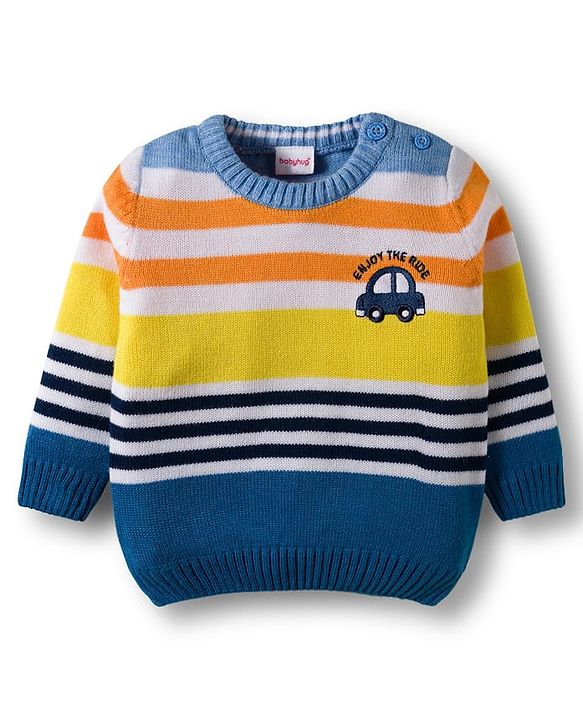 Babyhug Knitted Full Sleeves Striped Sweater Set - Navy Blue