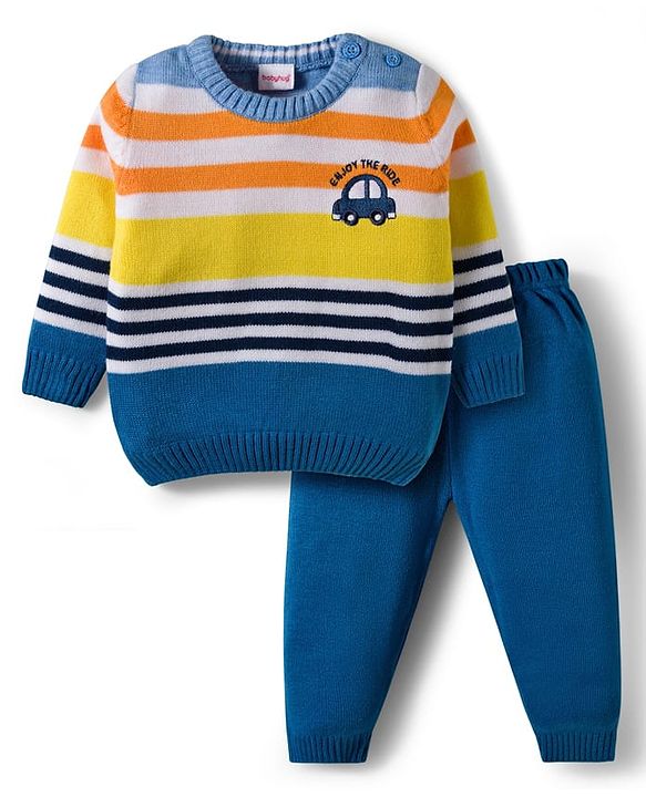 Babyhug Knitted Full Sleeves Striped Sweater Set - Navy Blue