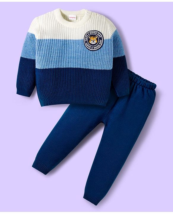 Babyhug Knitted Full Sleeves Sweater Set With Color Block Design & Badge Detailing - Blue & White