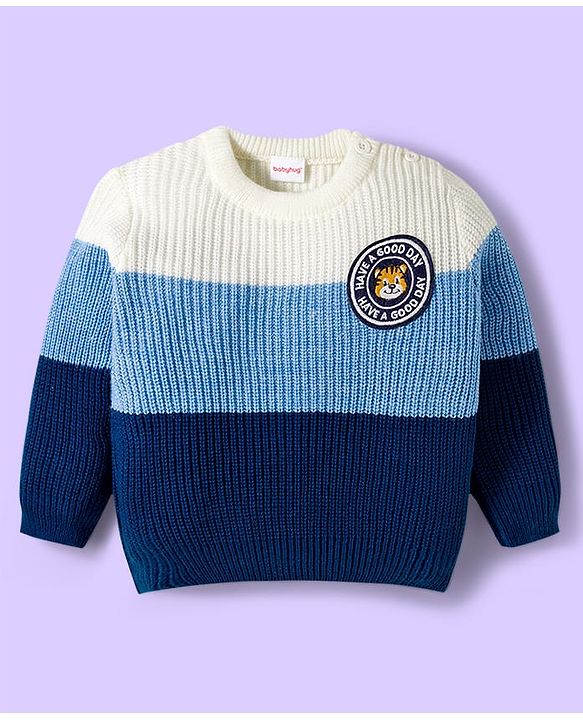 Babyhug Knitted Full Sleeves Sweater Set With Color Block Design & Badge Detailing - Blue & White