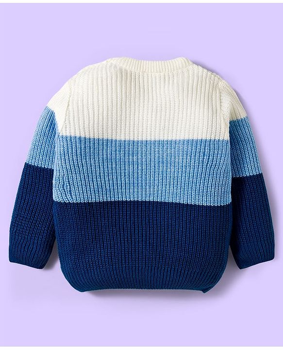 Babyhug Knitted Full Sleeves Sweater Set With Color Block Design & Badge Detailing - Blue & White