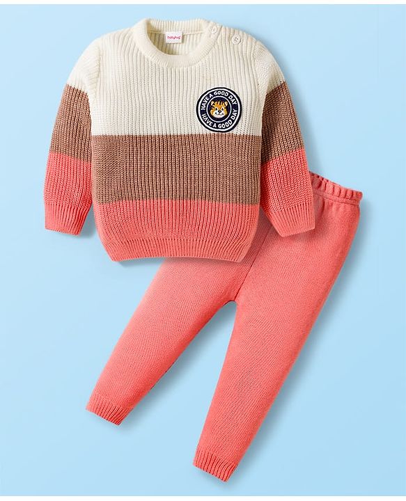 Babyhug Knitted Full Sleeves Sweater Set With Color Block Design & Badge Detailing - Pink & White