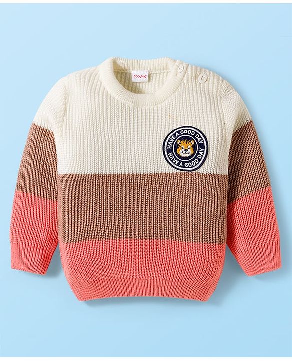 Babyhug Knitted Full Sleeves Sweater Set With Color Block Design & Badge Detailing - Pink & White