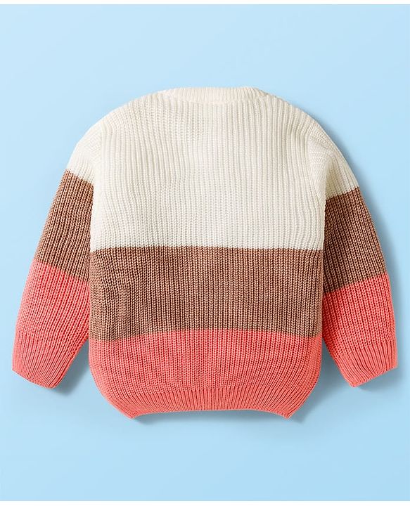 Babyhug Knitted Full Sleeves Sweater Set With Color Block Design & Badge Detailing - Pink & White