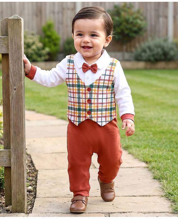 Babyhug Interlock Knit Full Sleeves Party Romper With Attached Checks Waistcoat & Bow Applique - Multicolor