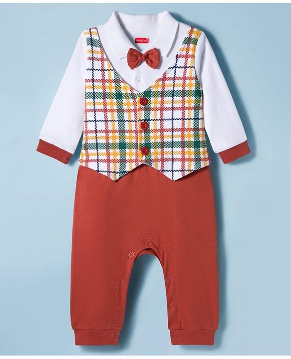 Babyhug Interlock Knit Full Sleeves Party Romper With Attached Checks Waistcoat & Bow Applique - Multicolor