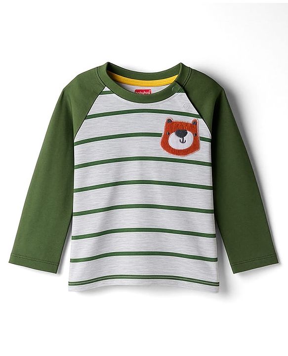 Babyhug 100% Cotton Knit Full Raglan Sleeves T-Shirt with Stripes & Patch Detailing - Green & Grey
