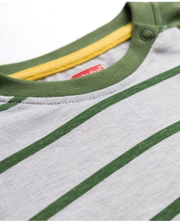 Babyhug 100% Cotton Knit Full Raglan Sleeves T-Shirt with Stripes & Patch Detailing - Green & Grey