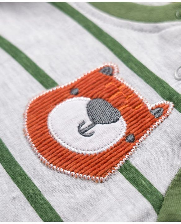 Babyhug 100% Cotton Knit Full Raglan Sleeves T-Shirt with Stripes & Patch Detailing - Green & Grey