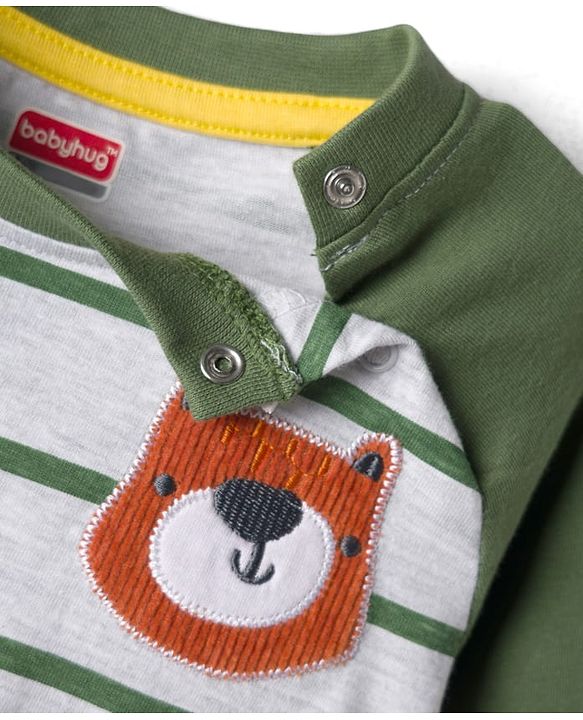 Babyhug 100% Cotton Knit Full Raglan Sleeves T-Shirt with Stripes & Patch Detailing - Green & Grey