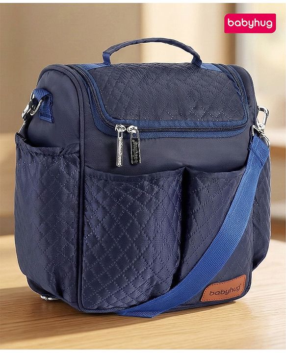 Babyhug 2-in-1 Quilted Sling cum Tote Diaper Bag for Travel - Spacious, Stylish, and Multifunctional| Adjustable Shoulder Strap| Insulated Bottle Pouches| Water Resistant| Carry Handle - Blue