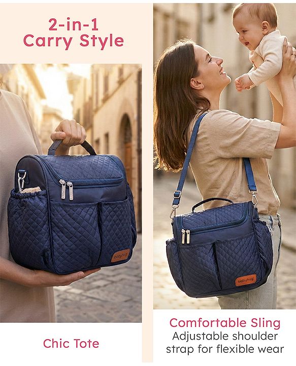 Babyhug 2-in-1 Quilted Sling cum Tote Diaper Bag for Travel - Spacious, Stylish, and Multifunctional| Adjustable Shoulder Strap| Insulated Bottle Pouches| Water Resistant| Carry Handle - Blue