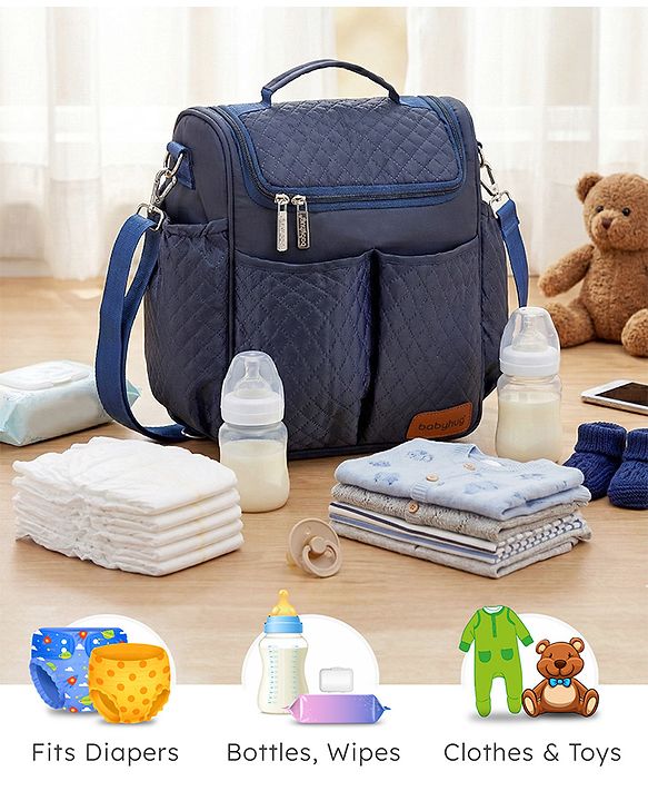 Babyhug 2-in-1 Quilted Sling cum Tote Diaper Bag for Travel - Spacious, Stylish, and Multifunctional| Adjustable Shoulder Strap| Insulated Bottle Pouches| Water Resistant| Carry Handle - Blue
