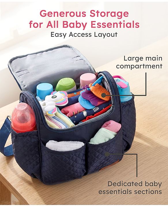 Babyhug 2-in-1 Quilted Sling cum Tote Diaper Bag for Travel - Spacious, Stylish, and Multifunctional| Adjustable Shoulder Strap| Insulated Bottle Pouches| Water Resistant| Carry Handle - Blue