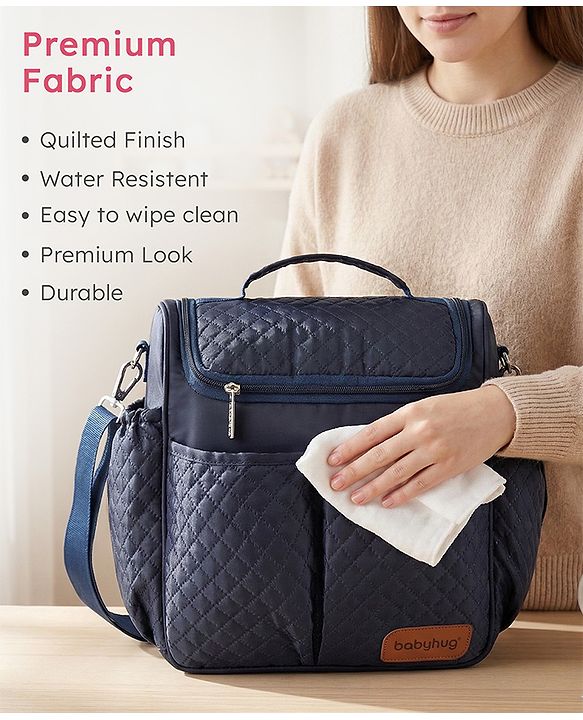 Babyhug 2-in-1 Quilted Sling cum Tote Diaper Bag for Travel - Spacious, Stylish, and Multifunctional| Adjustable Shoulder Strap| Insulated Bottle Pouches| Water Resistant| Carry Handle - Blue