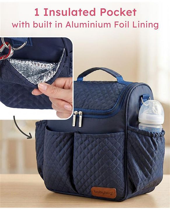 Babyhug 2-in-1 Quilted Sling cum Tote Diaper Bag for Travel - Spacious, Stylish, and Multifunctional| Adjustable Shoulder Strap| Insulated Bottle Pouches| Water Resistant| Carry Handle - Blue
