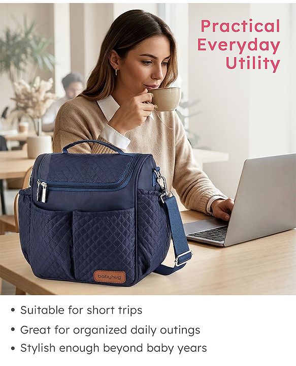 Babyhug 2-in-1 Quilted Sling cum Tote Diaper Bag for Travel - Spacious, Stylish, and Multifunctional| Adjustable Shoulder Strap| Insulated Bottle Pouches| Water Resistant| Carry Handle - Blue