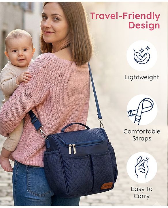 Babyhug 2-in-1 Quilted Sling cum Tote Diaper Bag for Travel - Spacious, Stylish, and Multifunctional| Adjustable Shoulder Strap| Insulated Bottle Pouches| Water Resistant| Carry Handle - Blue