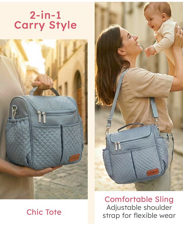 Babyhug 2-in-1 Quilted Sling cum Tote Diaper Bag for Travel - Spacious, Stylish, and Multifunctional| Adjustable Shoulder Strap| Insulated Bottle Pouches| Water Resistant| Carry Handle - Blue