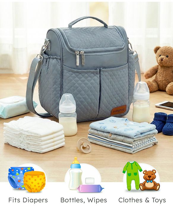 Babyhug 2-in-1 Quilted Sling cum Tote Diaper Bag for Travel - Spacious, Stylish, and Multifunctional| Adjustable Shoulder Strap| Insulated Bottle Pouches| Water Resistant| Carry Handle - Blue