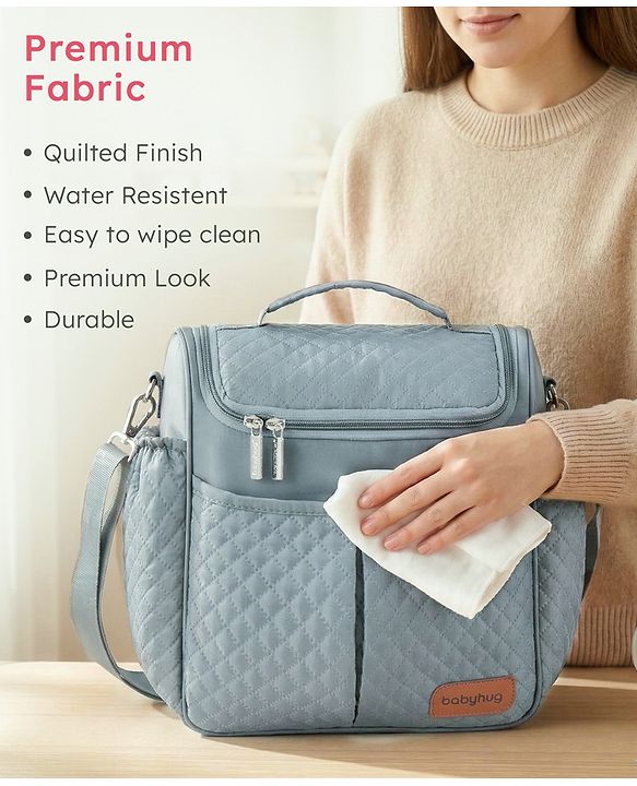 Babyhug 2-in-1 Quilted Sling cum Tote Diaper Bag for Travel - Spacious, Stylish, and Multifunctional| Adjustable Shoulder Strap| Insulated Bottle Pouches| Water Resistant| Carry Handle - Blue