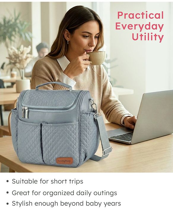 Babyhug 2-in-1 Quilted Sling cum Tote Diaper Bag for Travel - Spacious, Stylish, and Multifunctional| Adjustable Shoulder Strap| Insulated Bottle Pouches| Water Resistant| Carry Handle - Blue