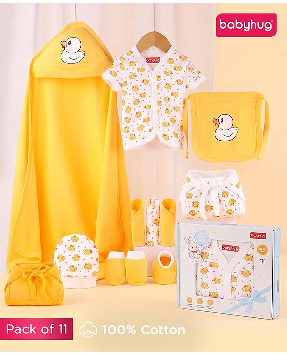 Babyhug Premium 100% Cotton Newborn Gift Set  11 Pcs Clothing Hamper Duck Print - Yellow| Jhabla, Bib, Wrapper, Mittens, Booties, 3 Wash cloths & 2 Nappies| Gift Set for New Born Boys & Girls
