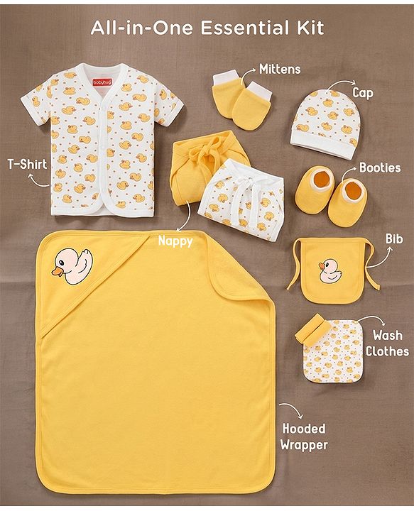 Babyhug Premium 100% Cotton Newborn Gift Set  11 Pcs Clothing Hamper Duck Print - Yellow| Jhabla, Bib, Wrapper, Mittens, Booties, 3 Wash cloths & 2 Nappies| Gift Set for New Born Boys & Girls