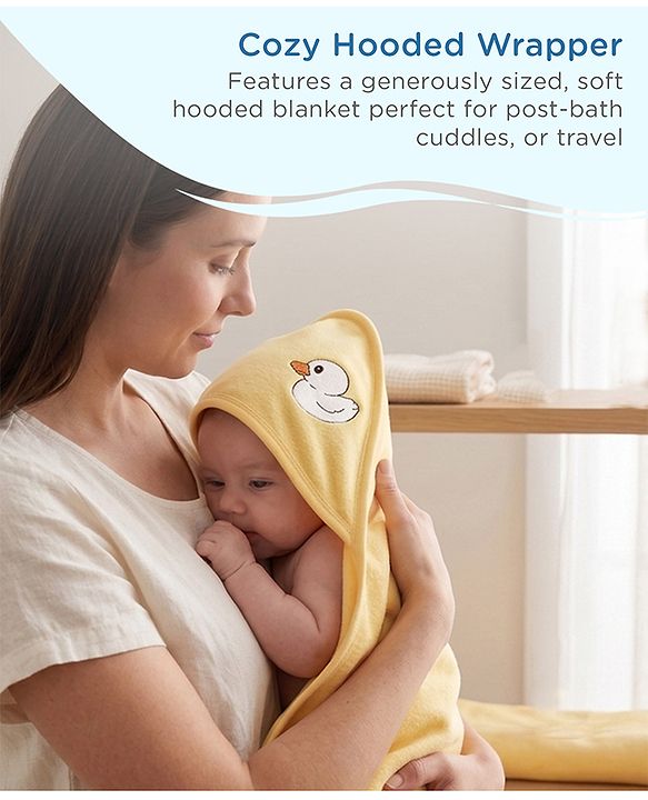 Babyhug Premium 100% Cotton Newborn Gift Set  11 Pcs Clothing Hamper Duck Print - Yellow| Jhabla, Bib, Wrapper, Mittens, Booties, 3 Wash cloths & 2 Nappies| Gift Set for New Born Boys & Girls