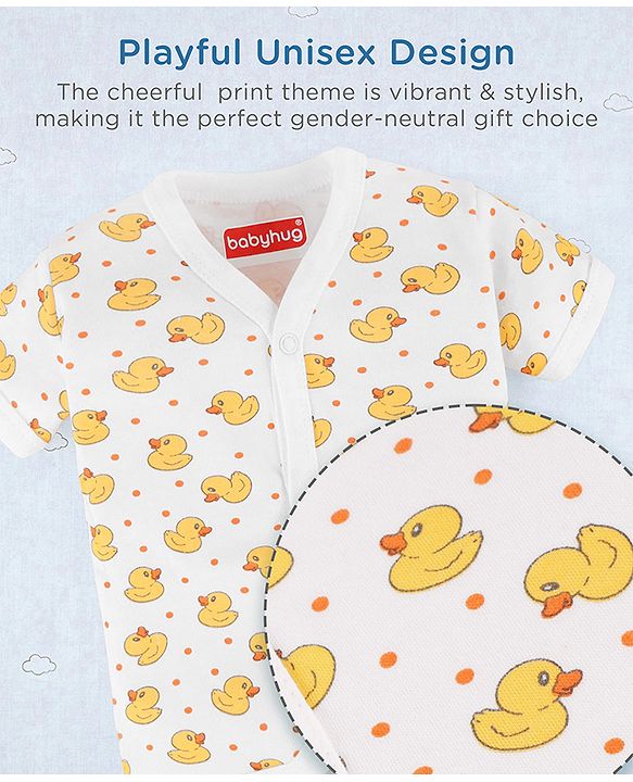 Babyhug Premium 100% Cotton Newborn Gift Set  11 Pcs Clothing Hamper Duck Print - Yellow| Jhabla, Bib, Wrapper, Mittens, Booties, 3 Wash cloths & 2 Nappies| Gift Set for New Born Boys & Girls