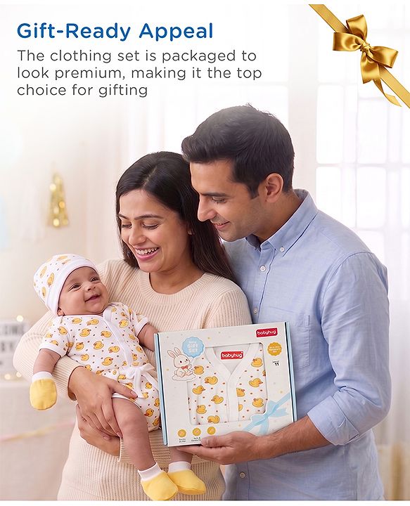Babyhug Premium 100% Cotton Newborn Gift Set  11 Pcs Clothing Hamper Duck Print - Yellow| Jhabla, Bib, Wrapper, Mittens, Booties, 3 Wash cloths & 2 Nappies| Gift Set for New Born Boys & Girls