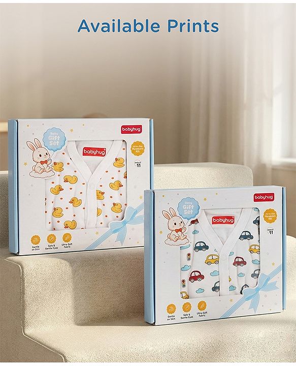 Babyhug Premium 100% Cotton Newborn Gift Set  11 Pcs Clothing Hamper Duck Print - Yellow| Jhabla, Bib, Wrapper, Mittens, Booties, 3 Wash cloths & 2 Nappies| Gift Set for New Born Boys & Girls