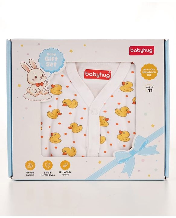 Babyhug Premium 100% Cotton Newborn Gift Set  11 Pcs Clothing Hamper Duck Print - Yellow| Jhabla, Bib, Wrapper, Mittens, Booties, 3 Wash cloths & 2 Nappies| Gift Set for New Born Boys & Girls