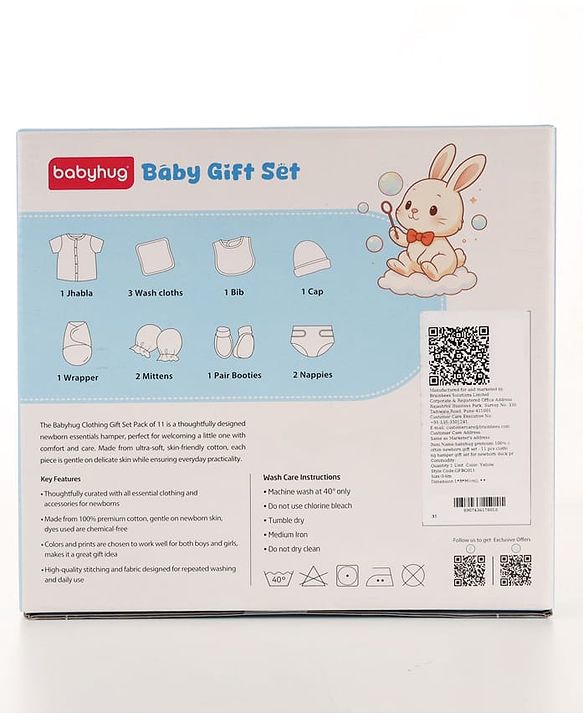 Babyhug Premium 100% Cotton Newborn Gift Set  11 Pcs Clothing Hamper Duck Print - Yellow| Jhabla, Bib, Wrapper, Mittens, Booties, 3 Wash cloths & 2 Nappies| Gift Set for New Born Boys & Girls