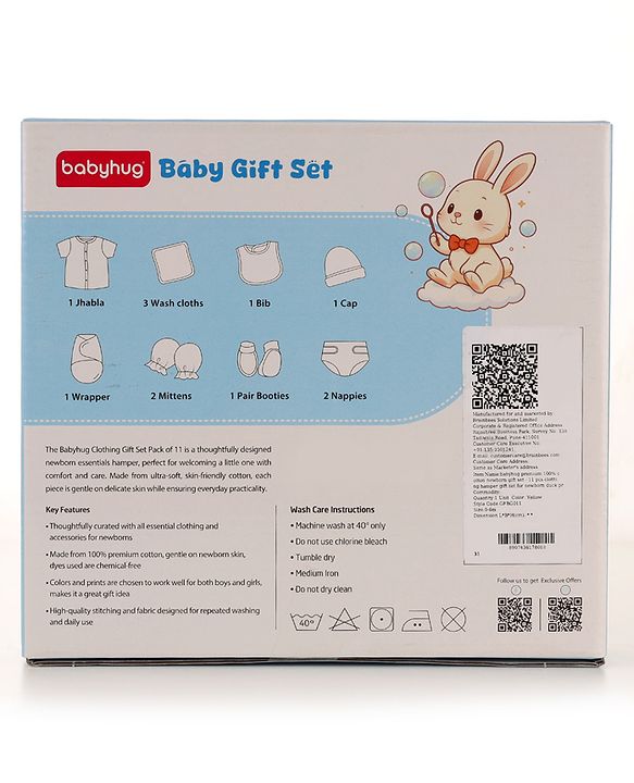 Babyhug Premium 100% Cotton Newborn Gift Set  11 Pcs Clothing Hamper Duck Print - Yellow| Jhabla, Bib, Wrapper, Mittens, Booties, 3 Wash cloths & 2 Nappies| Gift Set for New Born Boys & Girls