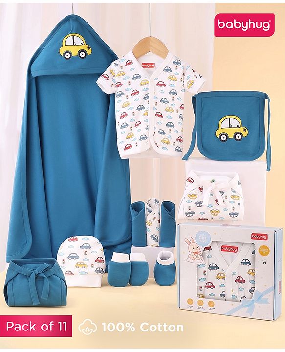 Babyhug Premium 100% Cotton Newborn Gift Set  11 Pcs Clothing Hamper Duck Print - Yellow| Jhabla, Bib, Wrapper, Mittens, Booties, 3 Wash cloths & 2 Nappies| Gift Set for New Born Boys & Girls