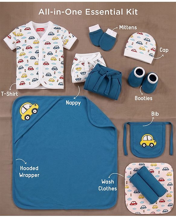 Babyhug Premium 100% Cotton Newborn Gift Set  11 Pcs Clothing Hamper Duck Print - Yellow| Jhabla, Bib, Wrapper, Mittens, Booties, 3 Wash cloths & 2 Nappies| Gift Set for New Born Boys & Girls