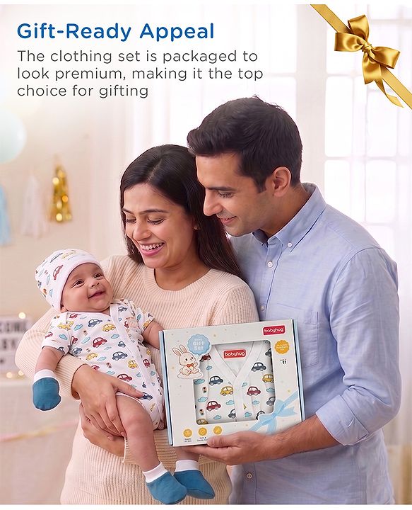Babyhug Premium 100% Cotton Newborn Gift Set  11 Pcs Clothing Hamper Duck Print - Yellow| Jhabla, Bib, Wrapper, Mittens, Booties, 3 Wash cloths & 2 Nappies| Gift Set for New Born Boys & Girls