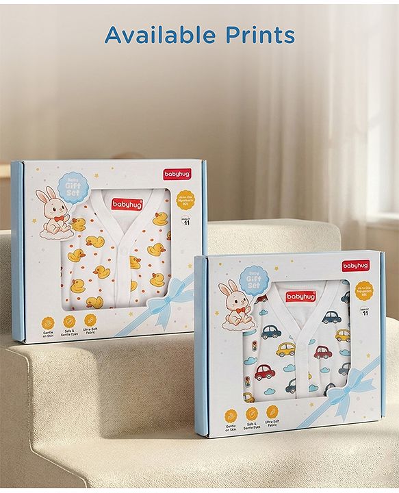 Babyhug Premium 100% Cotton Newborn Gift Set  11 Pcs Clothing Hamper Duck Print - Yellow| Jhabla, Bib, Wrapper, Mittens, Booties, 3 Wash cloths & 2 Nappies| Gift Set for New Born Boys & Girls