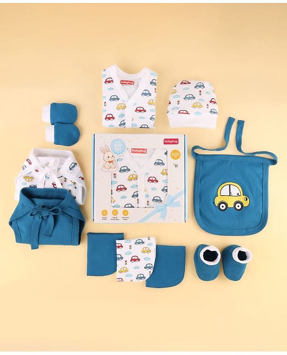 Babyhug Premium 100% Cotton Newborn Gift Set  11 Pcs Clothing Hamper Duck Print - Yellow| Jhabla, Bib, Wrapper, Mittens, Booties, 3 Wash cloths & 2 Nappies| Gift Set for New Born Boys & Girls