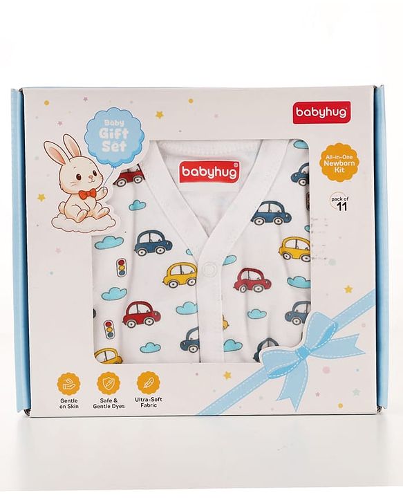 Babyhug Premium 100% Cotton Newborn Gift Set  11 Pcs Clothing Hamper Duck Print - Yellow| Jhabla, Bib, Wrapper, Mittens, Booties, 3 Wash cloths & 2 Nappies| Gift Set for New Born Boys & Girls