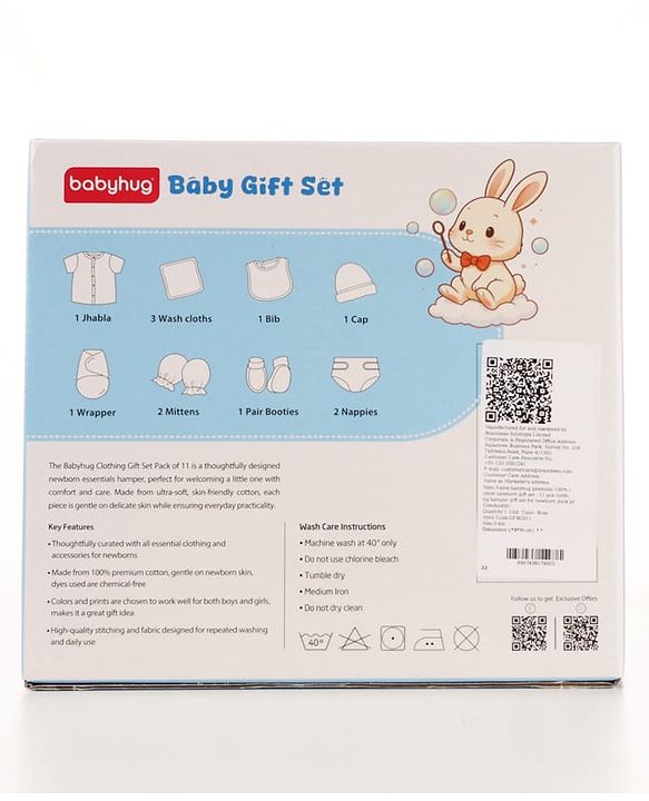 Babyhug Premium 100% Cotton Newborn Gift Set  11 Pcs Clothing Hamper Duck Print - Yellow| Jhabla, Bib, Wrapper, Mittens, Booties, 3 Wash cloths & 2 Nappies| Gift Set for New Born Boys & Girls
