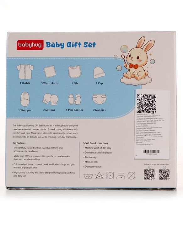 Babyhug Premium 100% Cotton Newborn Gift Set  11 Pcs Clothing Hamper Duck Print - Yellow| Jhabla, Bib, Wrapper, Mittens, Booties, 3 Wash cloths & 2 Nappies| Gift Set for New Born Boys & Girls