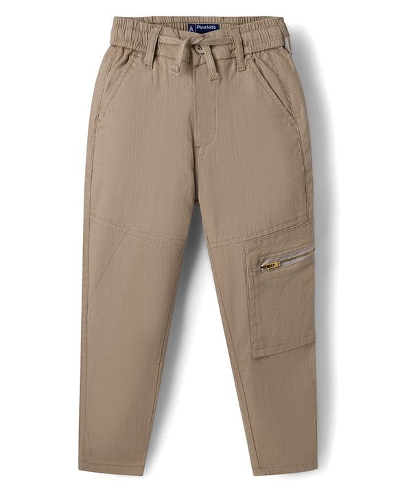 Pine Kids Cotton Elastane Woven Full Length Solid Colour Trouser Pant - Tan