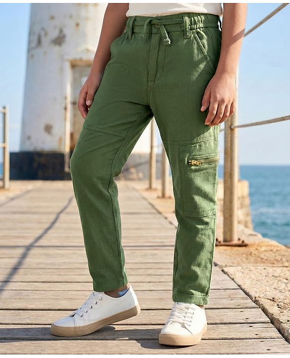 Pine Kids Cotton Elastane Woven Full Length Solid Colour Trouser Pant - Tan