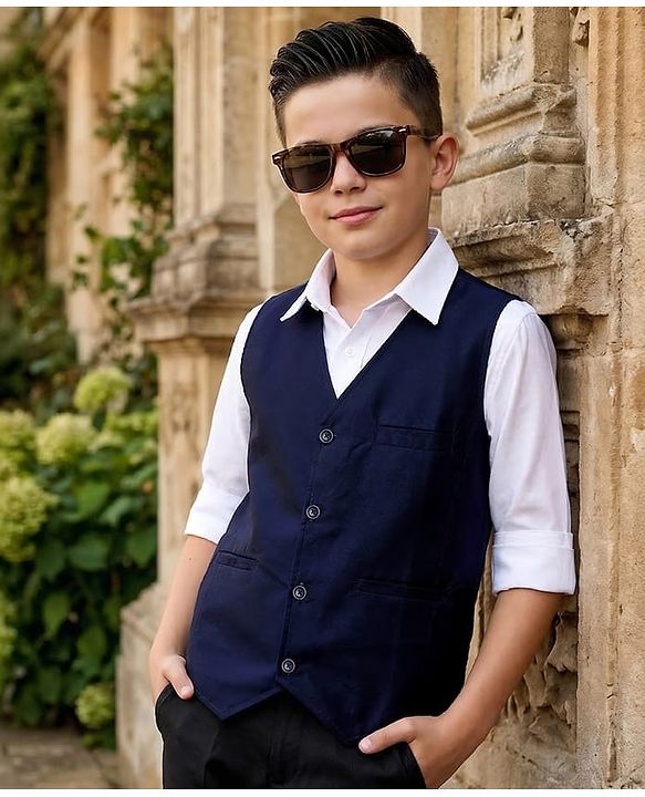 Pine Kids Cotton Woven Full Sleeves Solid Party Shirt With Waistcoat - Navy Blue