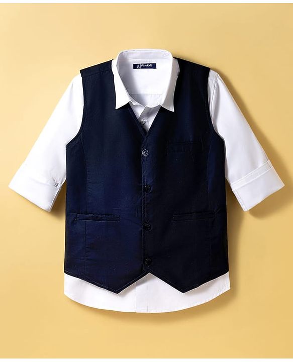 Pine Kids Cotton Woven Full Sleeves Solid Party Shirt With Waistcoat - Navy Blue