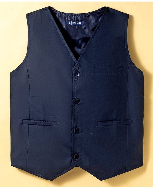 Pine Kids Cotton Woven Full Sleeves Solid Party Shirt With Waistcoat - Navy Blue